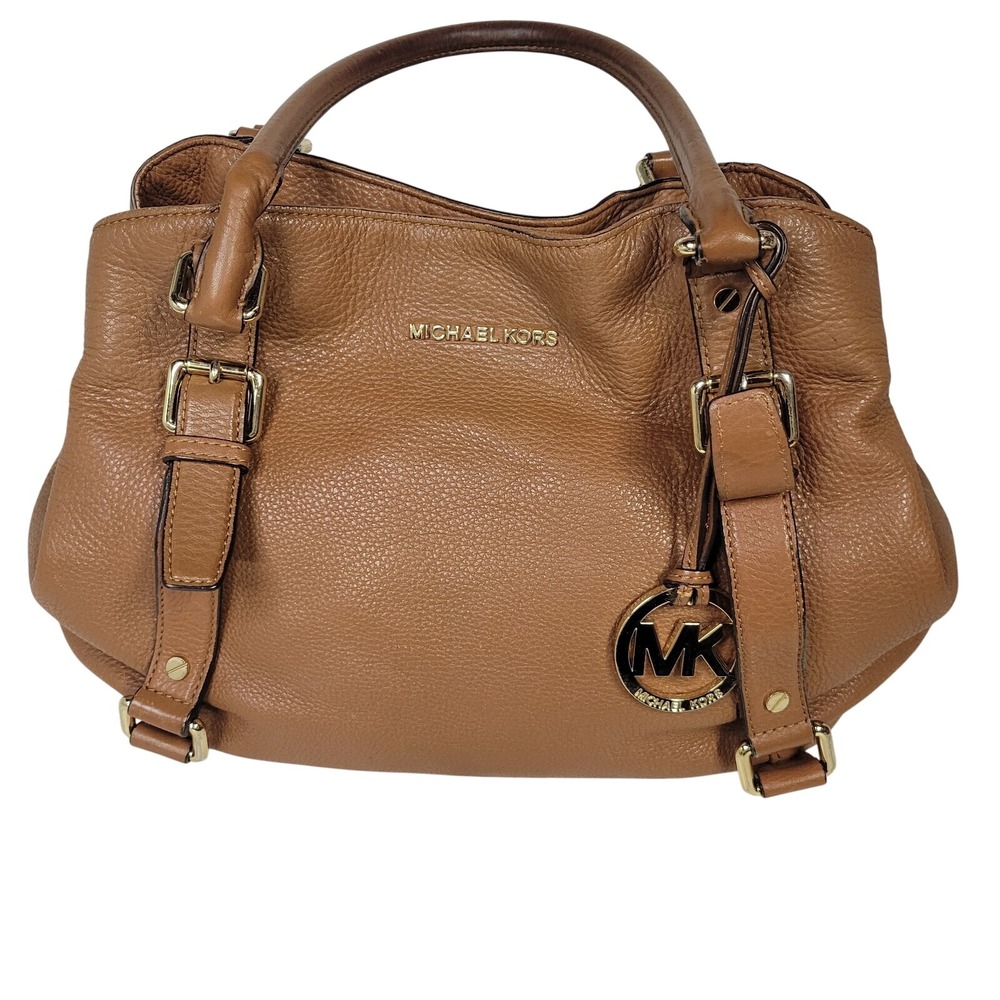 Michael Kors Tan Pebbled Leather Satchel Bag Gold Hardware MK Charm